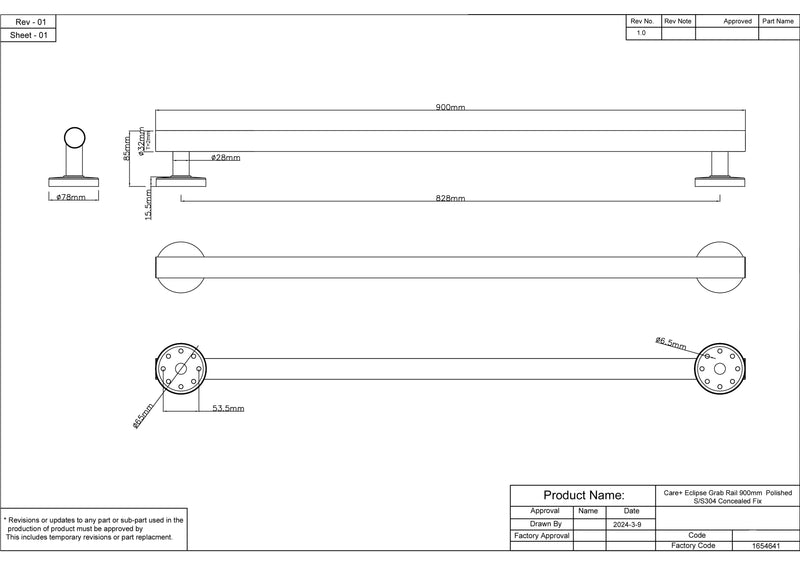 Care+ Eclipse Linear Grab Rail 900mm Polished S/S