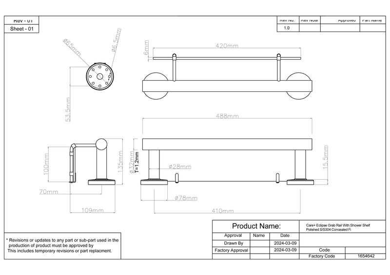 Care+ Eclipse Linear Grab Rail With Glass Shower Shelf 488mm Polished S/S