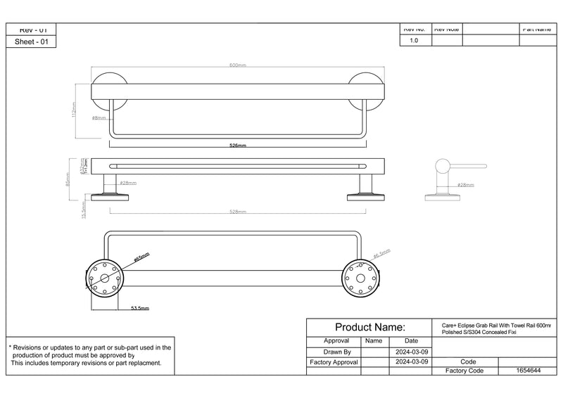 Care+ Eclipse Linear Grab Rail With Towel Rail 600mm