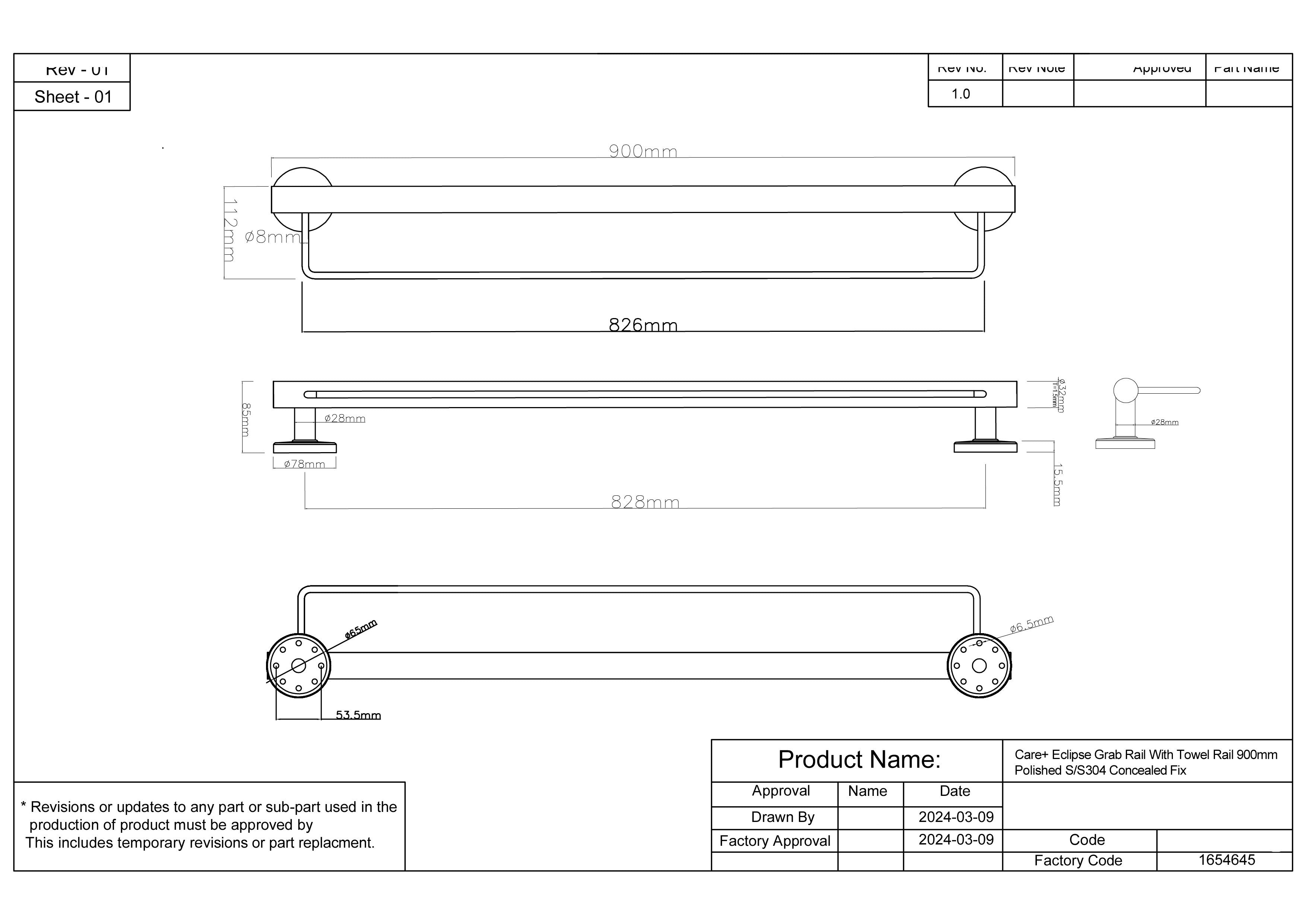 Care+ Eclipse Linear Grab Rail With Towel Rail 900mm