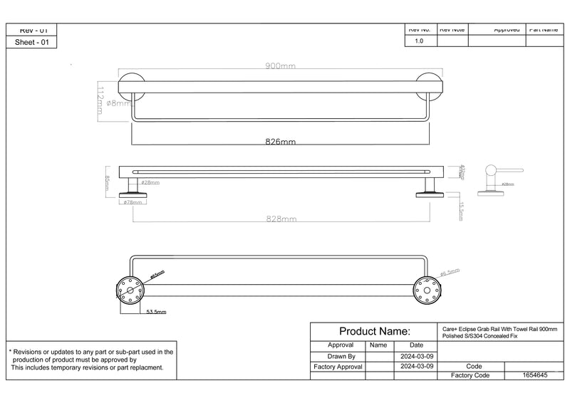 Care+ Eclipse Linear Grab Rail With Towel Rail 900mm