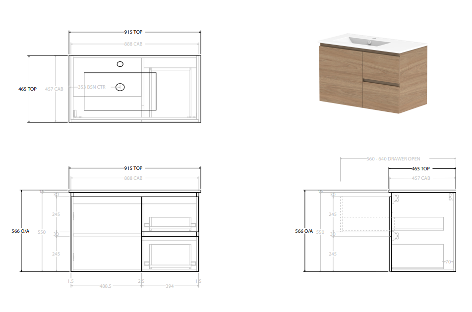 Glacier Lite Ceramic Twin Vanity 900mm, Bowl Options