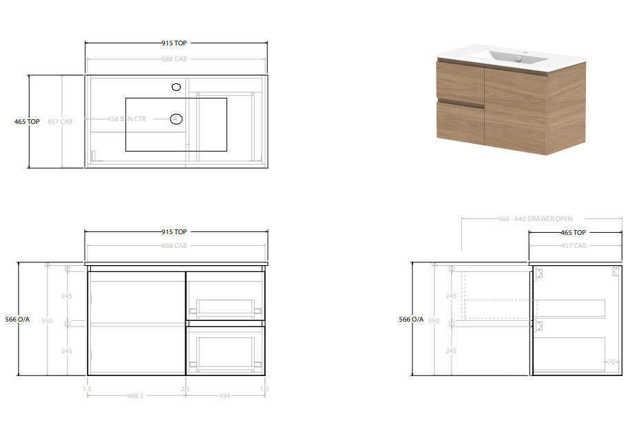 Glacier Lite Ceramic Twin Vanity 900mm, Bowl Options