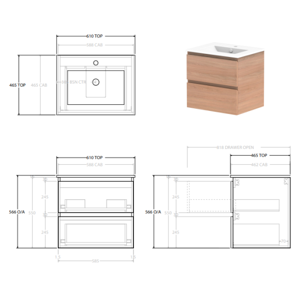 Glacier Lite All-Drawer Twin Wall Hung Vanity, 600mm