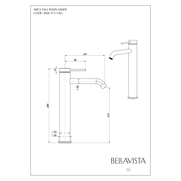 Bella Vista Mica Tall Basin Mixer Curved Spout - Gunmetal