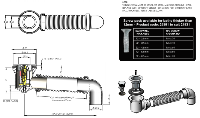 40mm Pop Down Bath Waste White with Connector, 21831