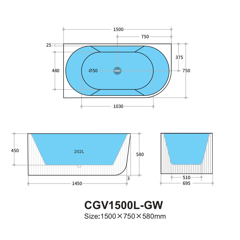 KDK Capri Groove 1500mm Corner Bath - Matte White