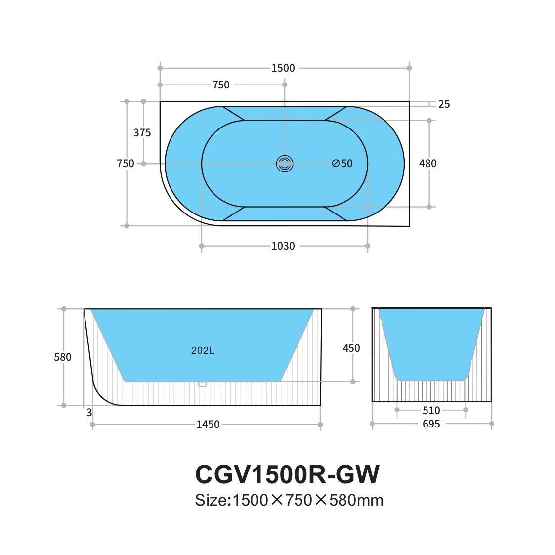 KDK Capri Groove 1500mm Corner Bath - Matte White