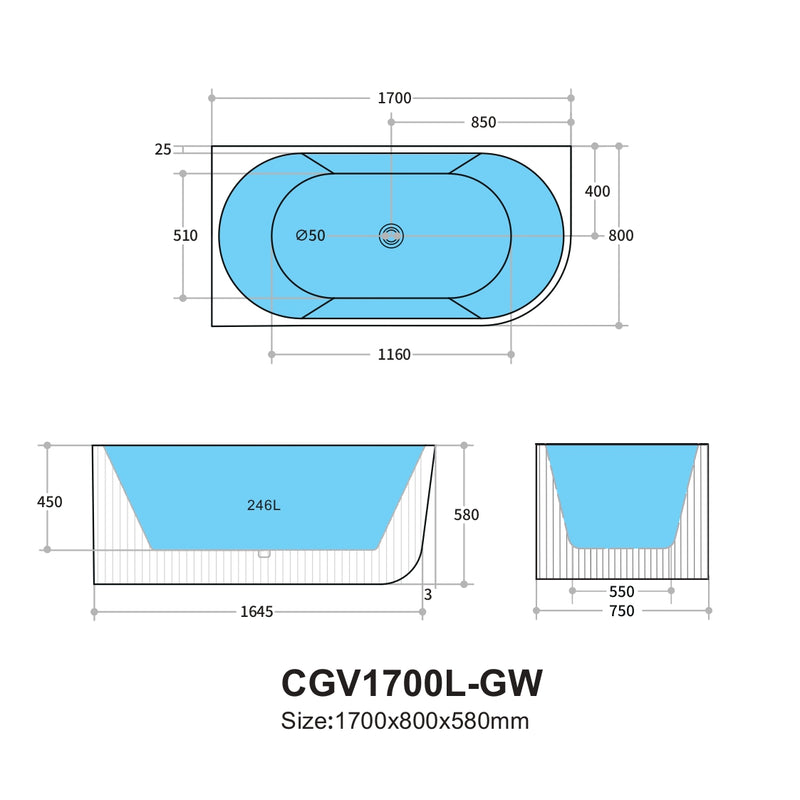 KDK Capri Groove 1700mm Corner Bath - Matte White