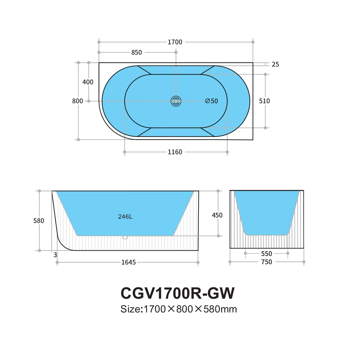 KDK Capri Groove 1700mm Corner Bath - Gloss White