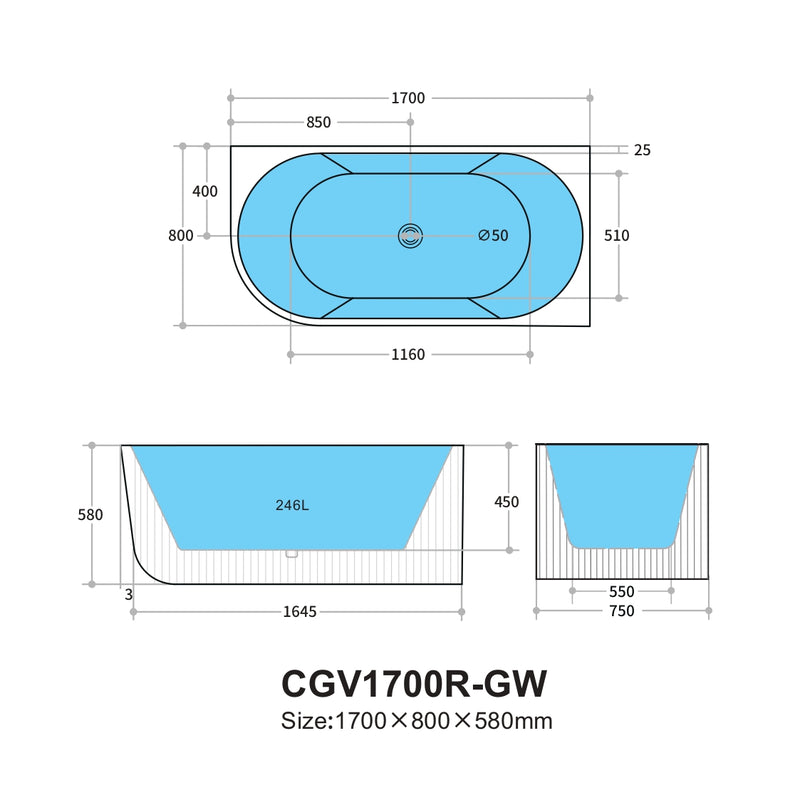 KDK Capri Groove 1700mm Corner Bath - Matte White