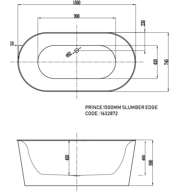 Princess 1500mm Freestanding Oval Bath - White