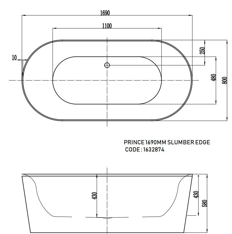 Princess 1690mm Freestanding Oval Bath - White