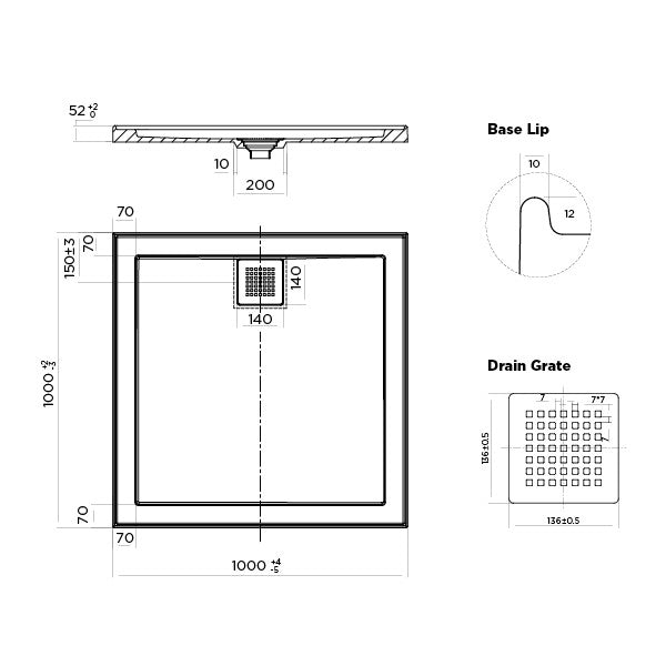 Oceano Stonelite ECO 1000mm x 1000mm Rear Outlet Shower Base