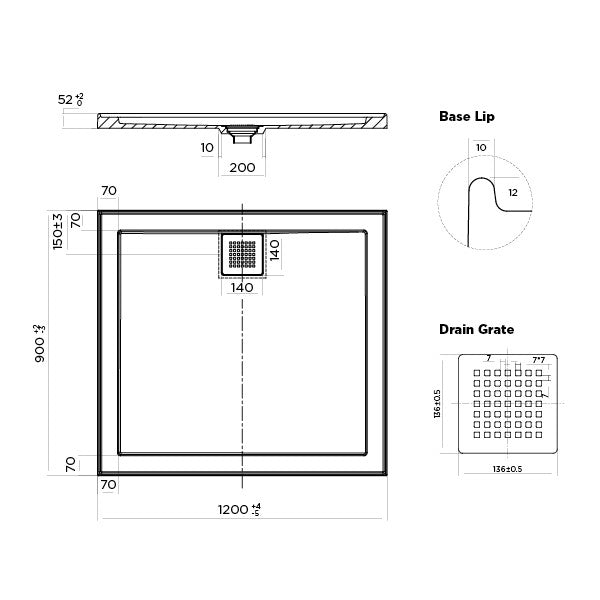 Oceano Stonelite ECO 1200mm x 900mm Rear Outlet Shower Base