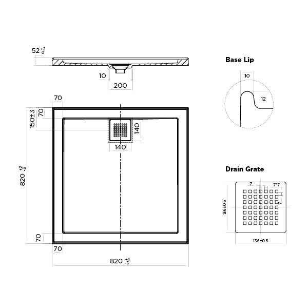 Oceano Stonelite ECO 820mm x 820mm Rear Outlet Shower Base