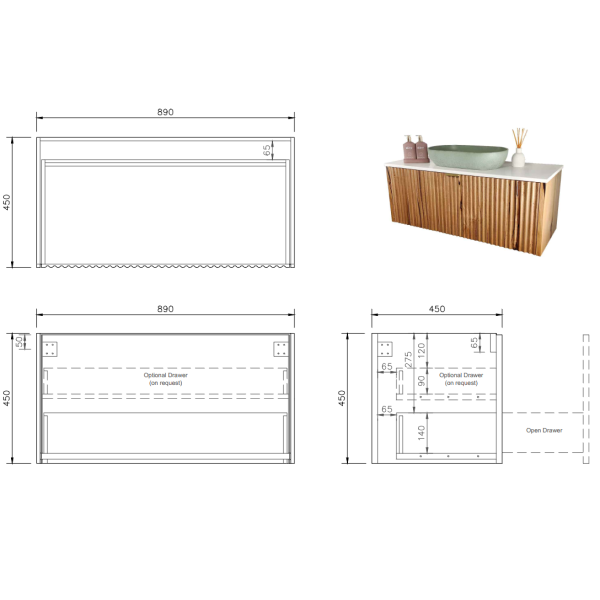 FABF Sophia Fluted Messmate Vanity 900mm Vanity / Add Top + Basin