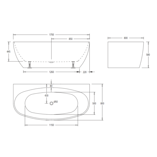 FABF Evelyn Back to Wall Bath, White Gloss 1500mm / 1700mm