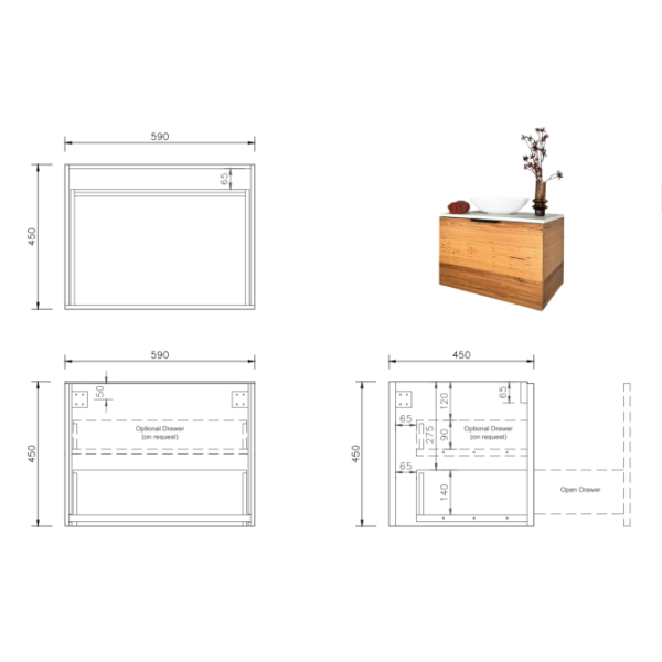 FABF Zoe Timber Veneer Vanity 600mm Vanity, American White Oak / Add Top + Basin