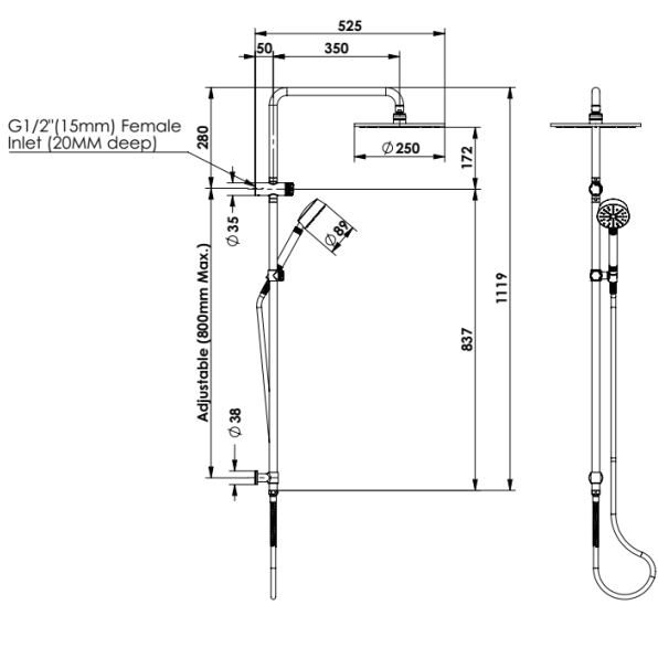 Greens Tesora Combination Twin Rail Shower - Brushed Nickel