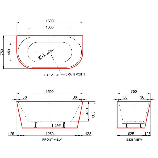 Halo 1500mm Freestanding Back to Wall Bath - White Gloss