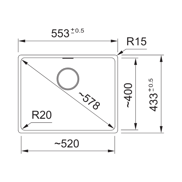 Franke Maris Fragranite Single Bowl Undermount Sink MRG110-52ON-B Onyx Line Drawing