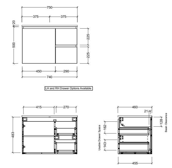 Manhattan 750mm Wall Hung Vanity with Above or Under Counter Basin