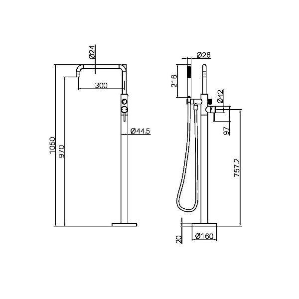 Zen SS316L Freestanding Bath Mixer With Outdoor Shower Hose Brushed Gold NR162203a01BG