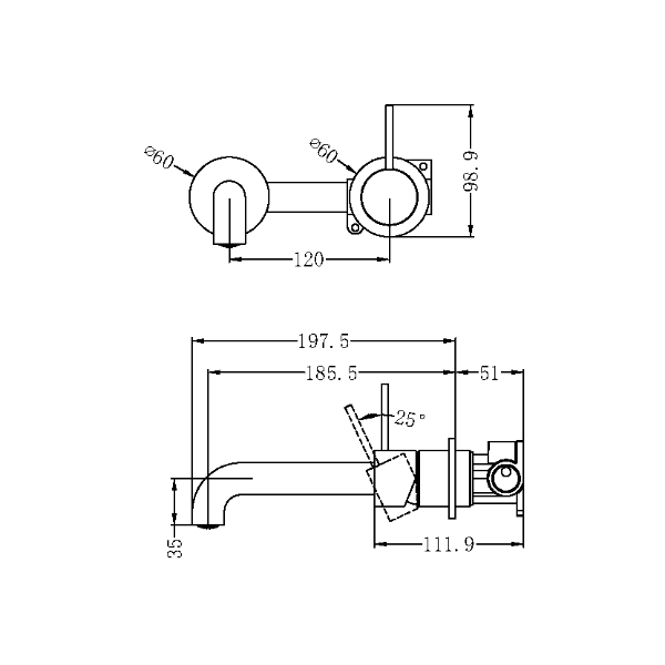 Nero Mecca Up Wall Mixer Set Basin/Bath Separate Backplates 185mm - Matte Black / NR221907d185MB