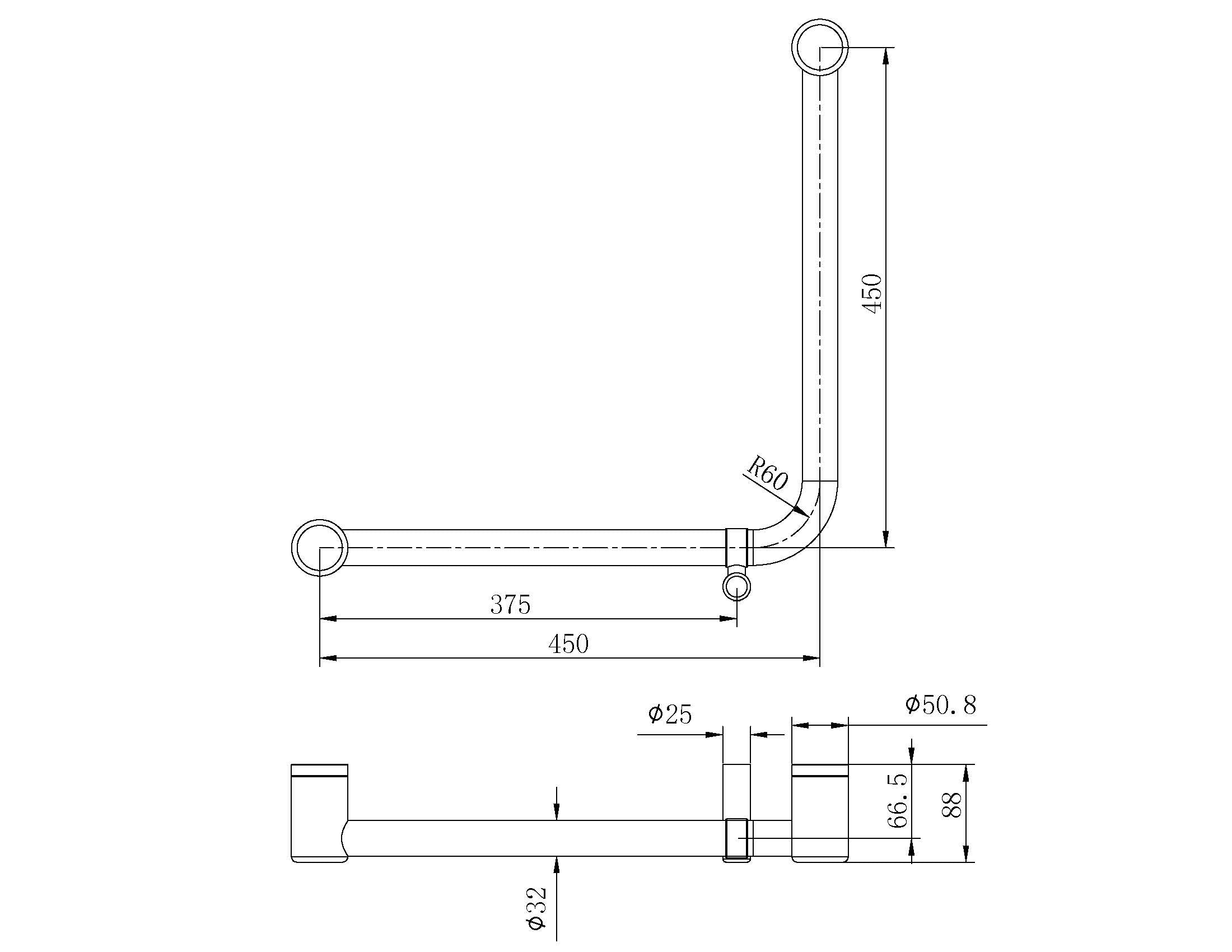 Nero Mecca Care 32mm Ambulant 90 Degree Bent Tube Grab Rail 450X450mm Gun Metal