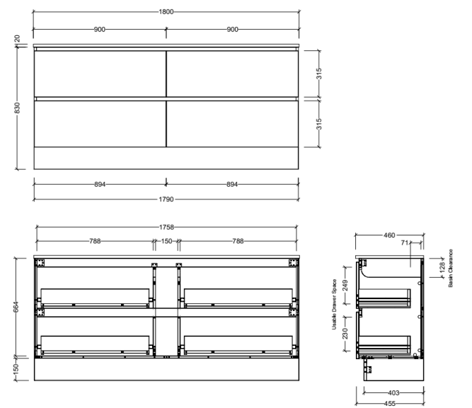 Manhattan All-Drawer 1800mm Floor Standing Vanity, Above or Under Counter Basin, Double Bowl