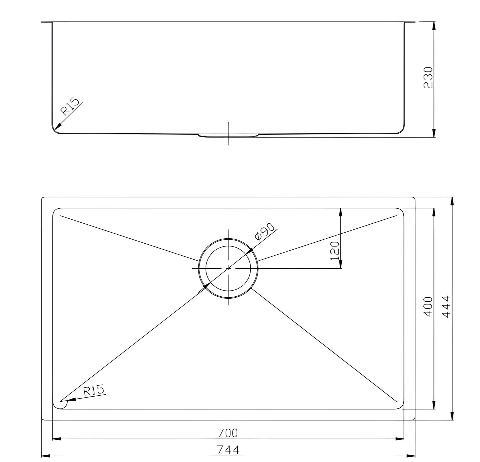 Oslo Rectangle Undermount Single Bowl Sink 745mm