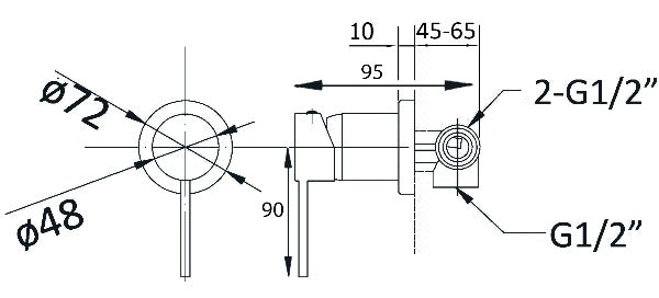 Hus Shower Mixer 75mm Dia Line Drawing