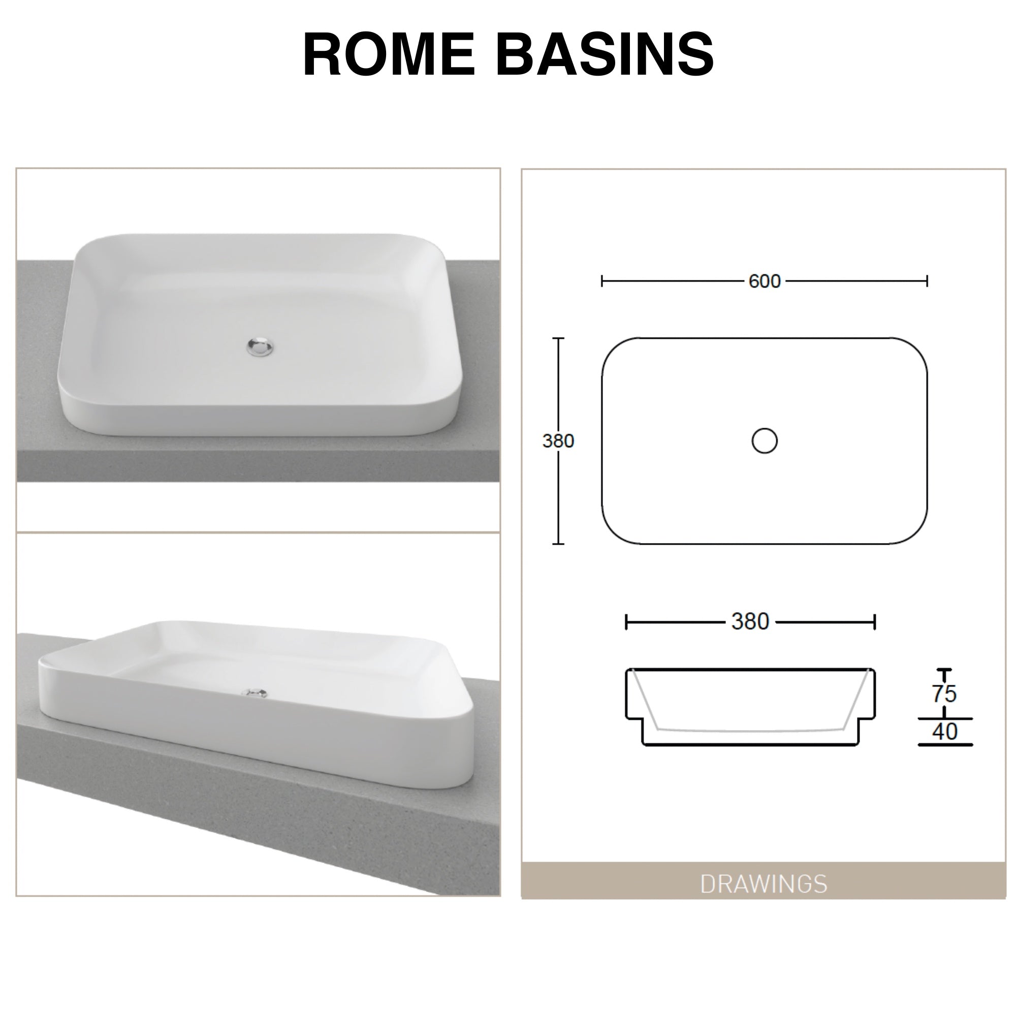 Bargo Wall hung 600mm Vanity Centre Above Counter Basin SilkSurface Top