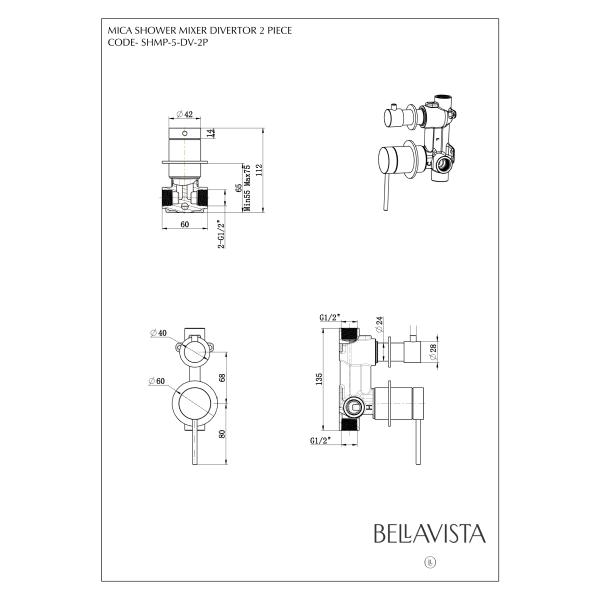 Bella Vista Mica Shower Mixer with Diverter - Brushed Nickel (Seperate Backplate)