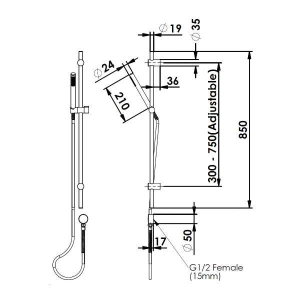 Greens Rocco pin Rail Shower line drawing