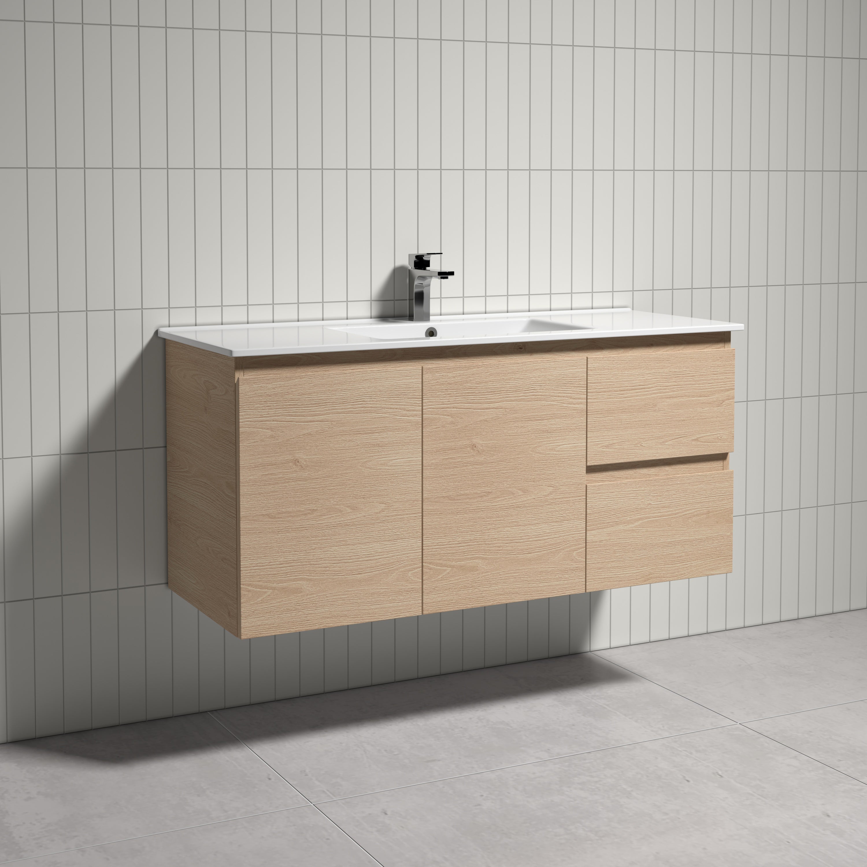 THEBE 1200mm Wall Hung, Vanity with Slim Ceramic Top, Soft Oak