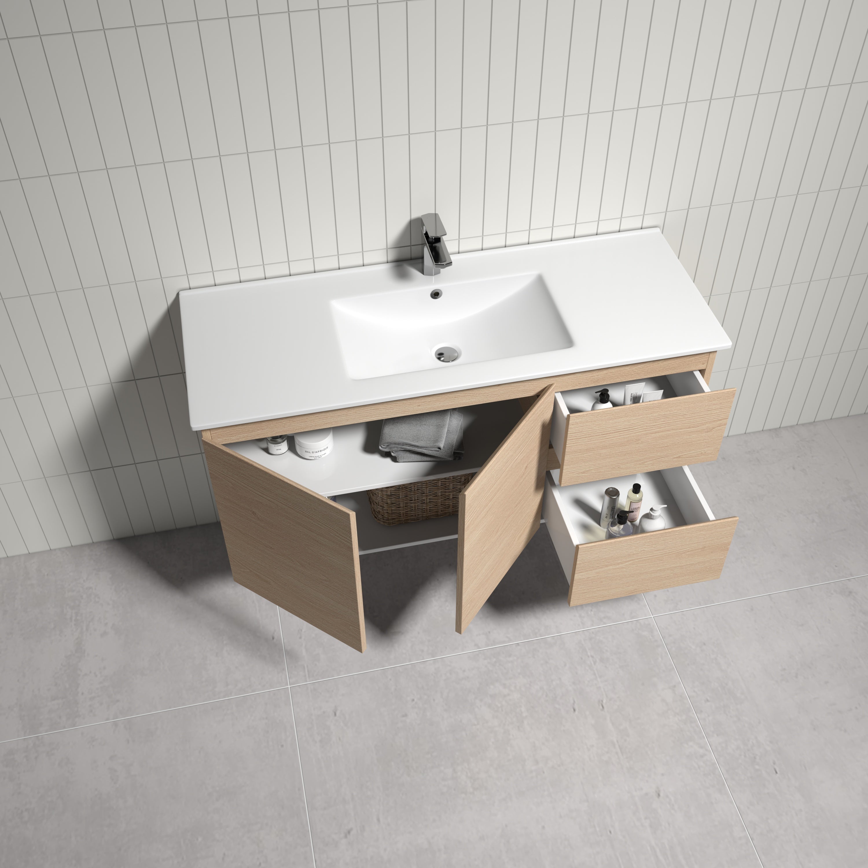 THEBE 1200mm Wall Hung, Vanity with Slim Ceramic Top, Soft Oak