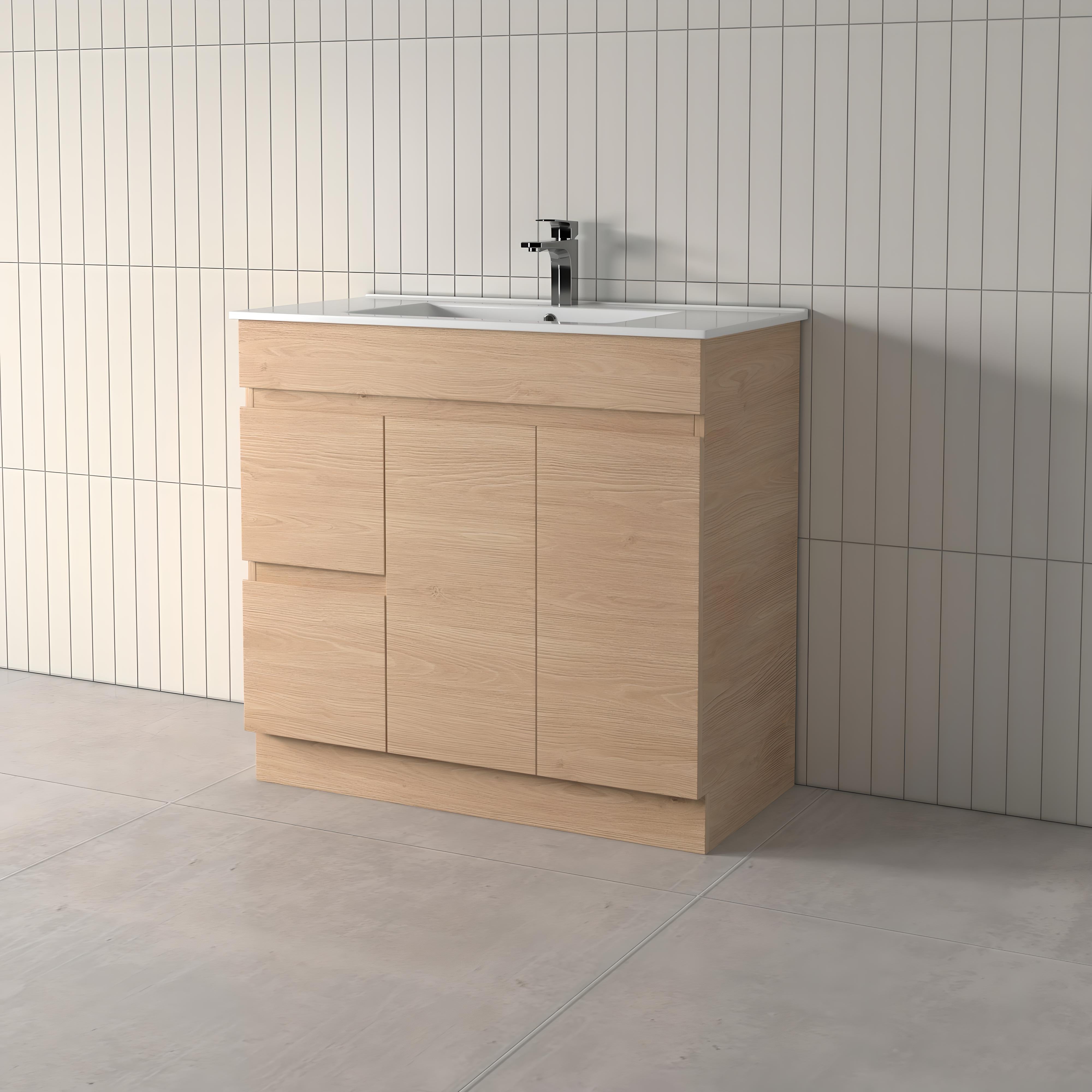 Thebe 900mm Vanity with Slim Ceramic Top, Soft Oak