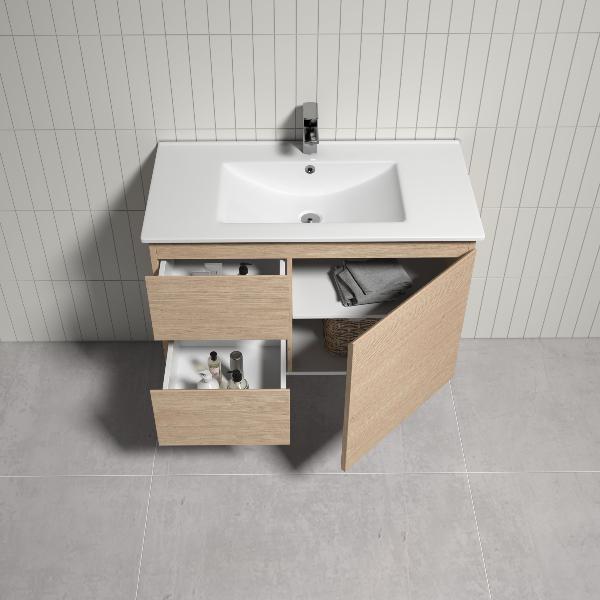 THEBE 900mm Wall Hung Vanity with Slim Ceramic Top, Soft Oak