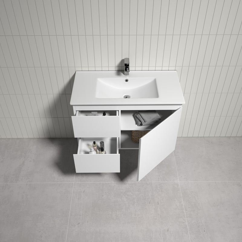 THEBE 900mm Wall Hung Vanity with Slim Ceramic Top, White