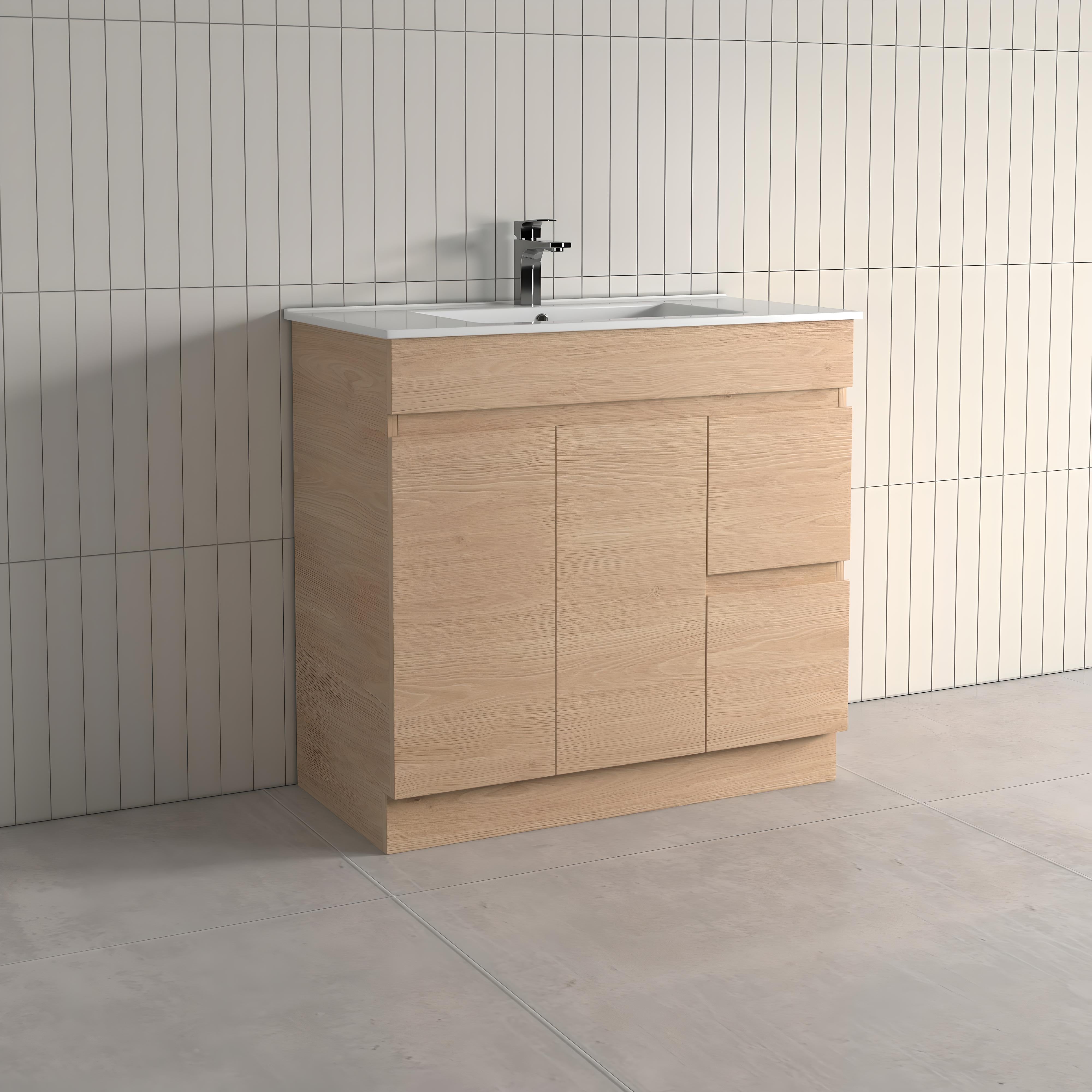 Thebe 900mm Vanity with Slim Ceramic Top, Soft Oak