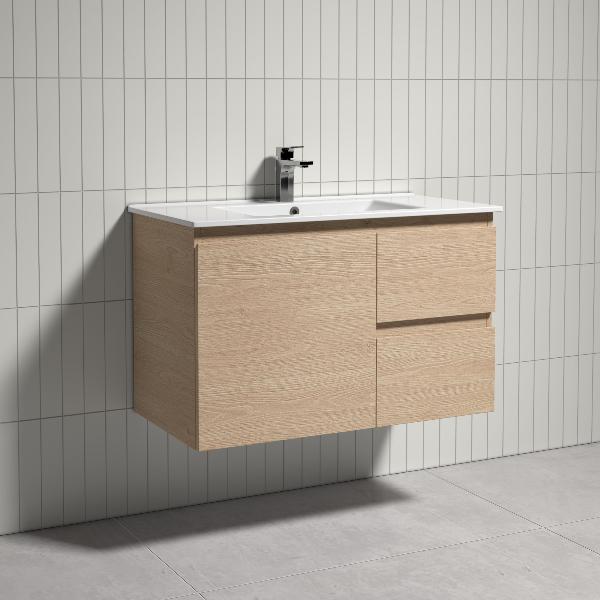 THEBE 900mm Wall Hung Vanity with Slim Ceramic Top, Soft Oak