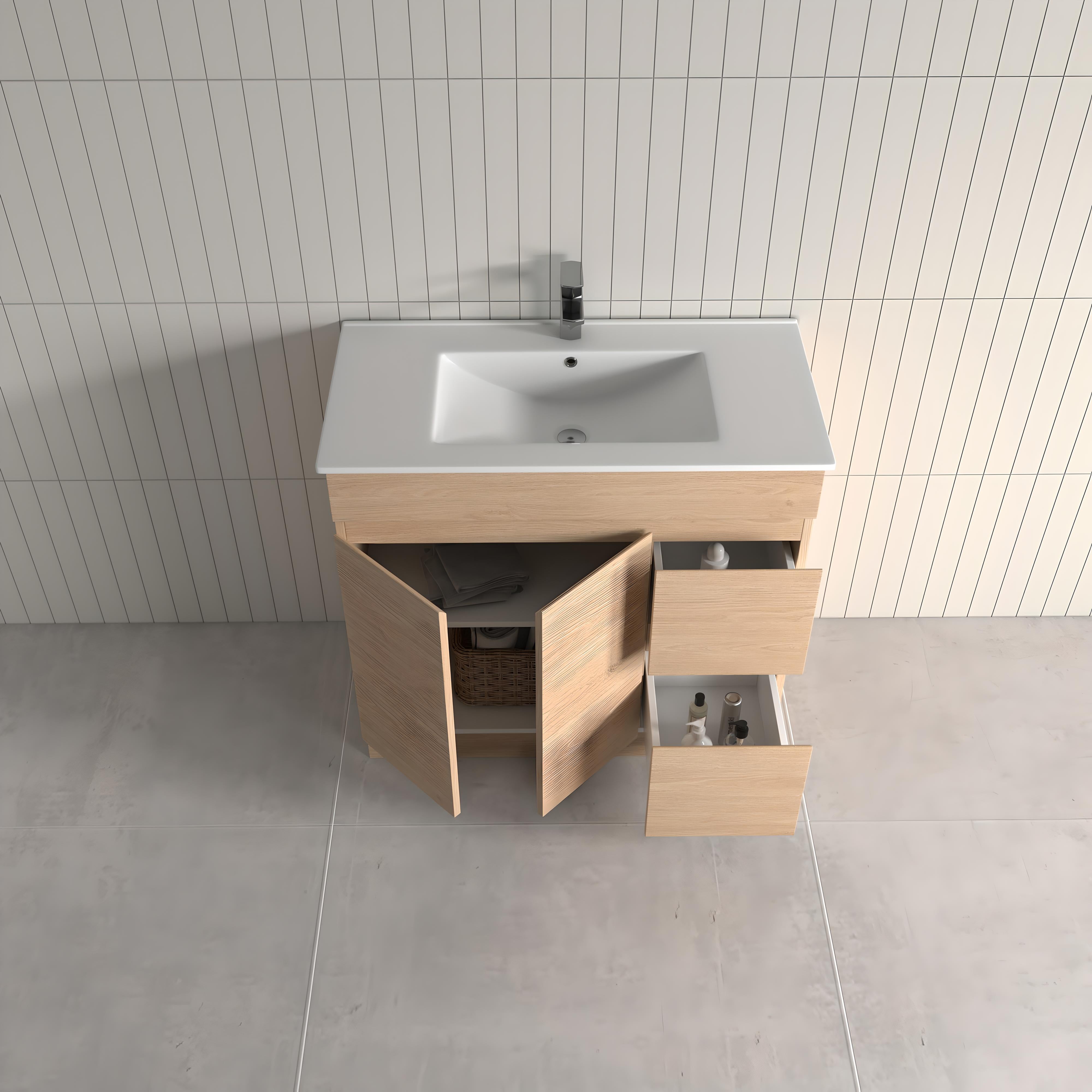 Thebe 900mm Vanity with Slim Ceramic Top, Soft Oak