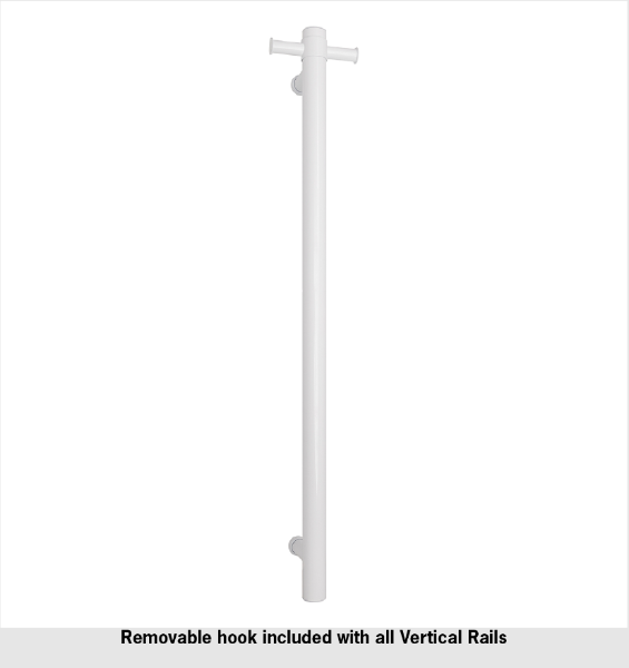 Thermorail Round Vertical Single Bar Heated Towel Rail with Hook VS900HSW - Satin White