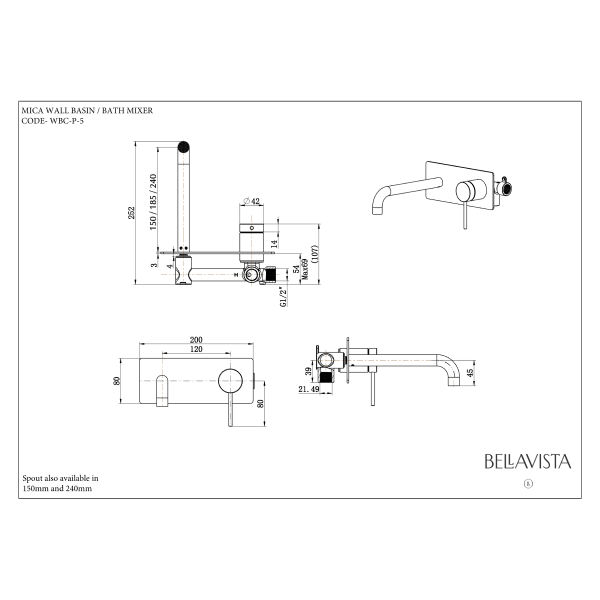 Bella Vista Mica Wall 180mm Basin / Bath Mixer Curved Spout - Matte Black