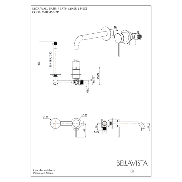 Bella Vista Mica Wall 180mm Basin / Bath Mixer Curved Spout - French Gold (Separate Backlate)