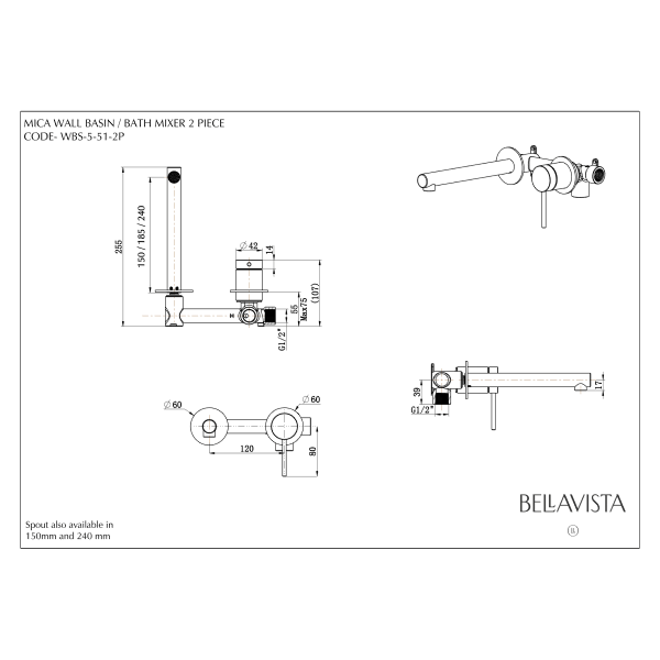 Bella Vista Mica Wall 180mm Basin / Bath Mixer Straight Spout - Chrome (Seperate Backplate)