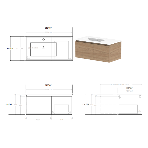 Glacier Lite Ceramic Slim Vanity 900mm, Bowl Options