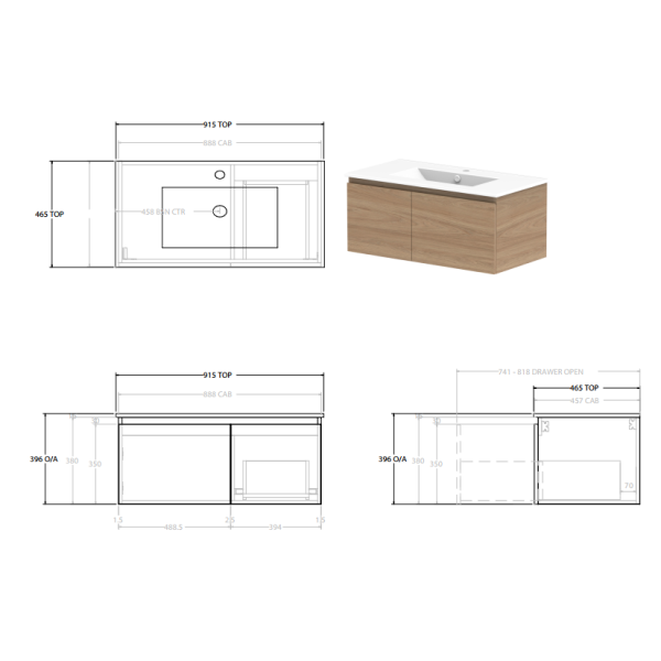 Glacier Lite Ceramic Slim Vanity 900mm, Bowl Options